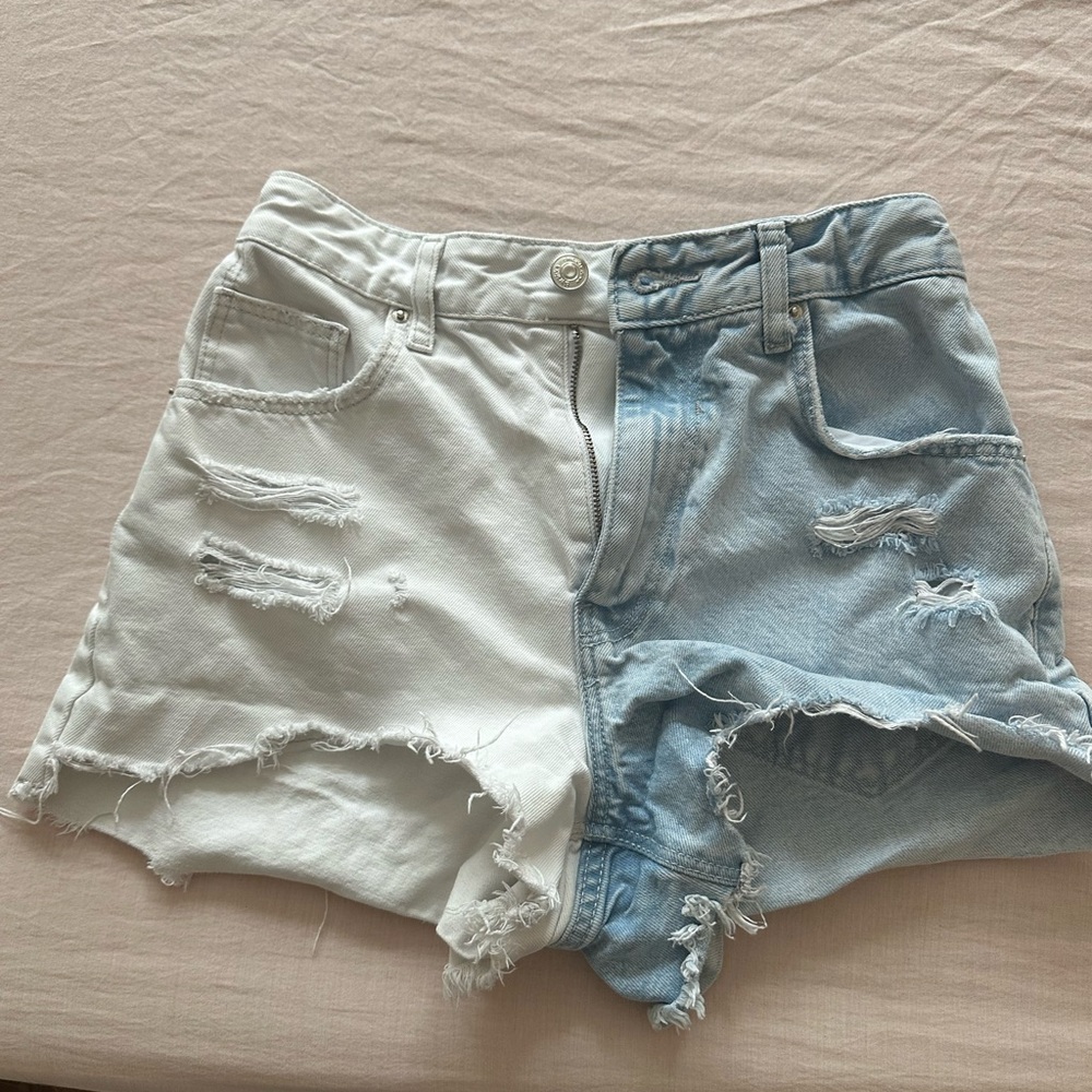 Bershka White and Light Blue Distressed Jean Shorts